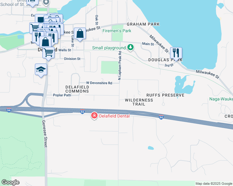 map of restaurants, bars, coffee shops, grocery stores, and more near 127 North Lapham Peak Road in Delafield