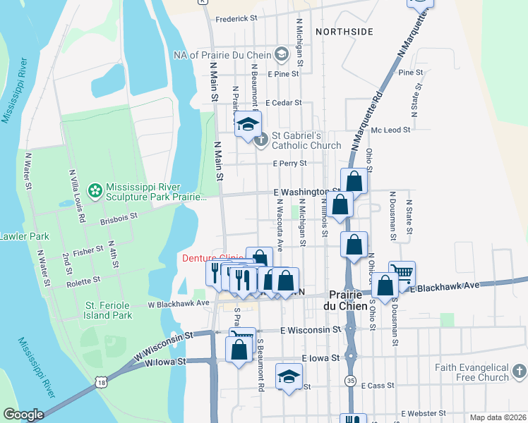 map of restaurants, bars, coffee shops, grocery stores, and more near 106 East Washington Street in Prairie du Chien