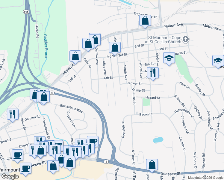 map of restaurants, bars, coffee shops, grocery stores, and more near 412 Lionel Avenue in Syracuse