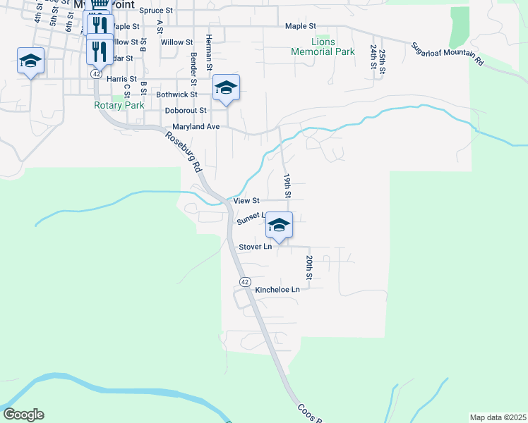 map of restaurants, bars, coffee shops, grocery stores, and more near 1704 View Street in Myrtle Point