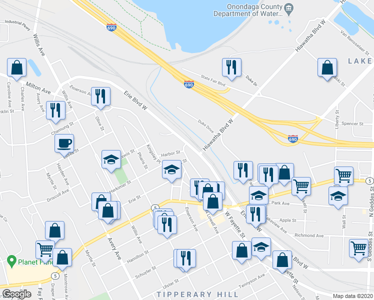map of restaurants, bars, coffee shops, grocery stores, and more near 1515 Erie Boulevard West in Syracuse