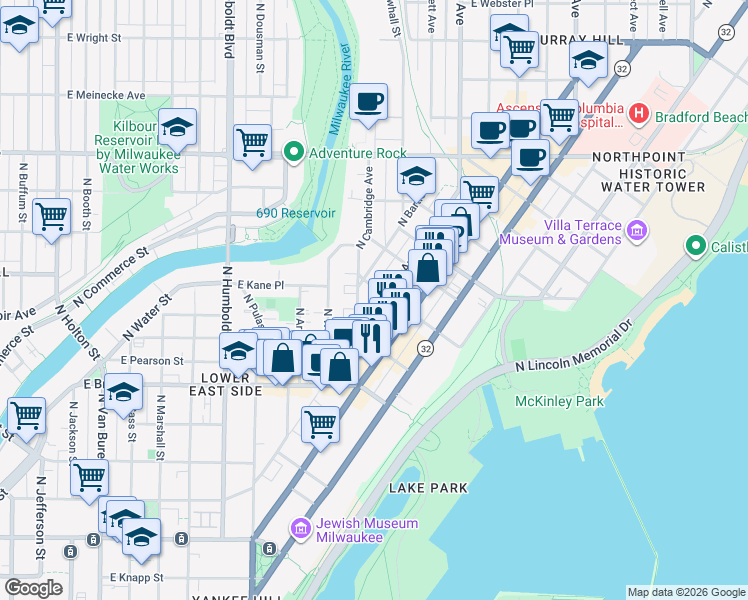 map of restaurants, bars, coffee shops, grocery stores, and more near 1851 North Oakland Avenue in Milwaukee