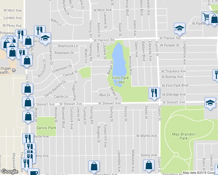 map of restaurants, bars, coffee shops, grocery stores, and more near 1413 Woodhall Dr in Flint