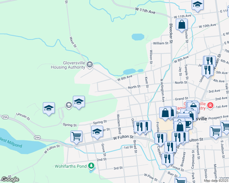 map of restaurants, bars, coffee shops, grocery stores, and more near 16 Highland Terrace in Gloversville