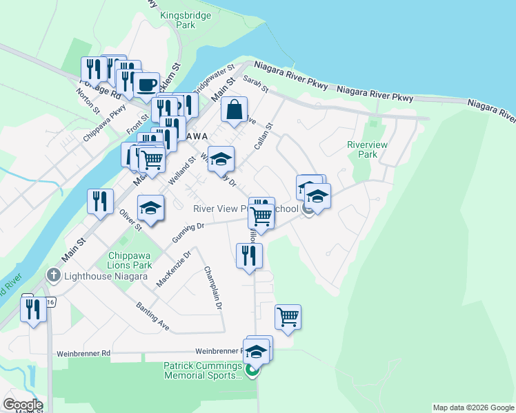 map of restaurants, bars, coffee shops, grocery stores, and more near 8458 Willoughby Drive in Niagara Falls