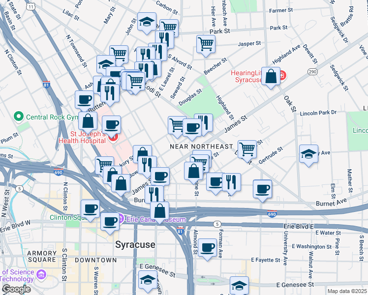 map of restaurants, bars, coffee shops, grocery stores, and more near 709 James Street in Syracuse
