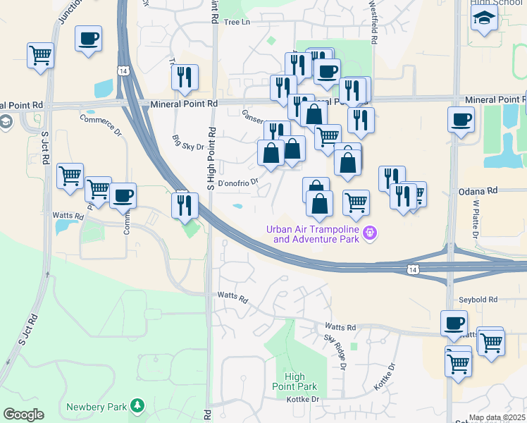 map of restaurants, bars, coffee shops, grocery stores, and more near 531 D'onofrio Drive in Madison