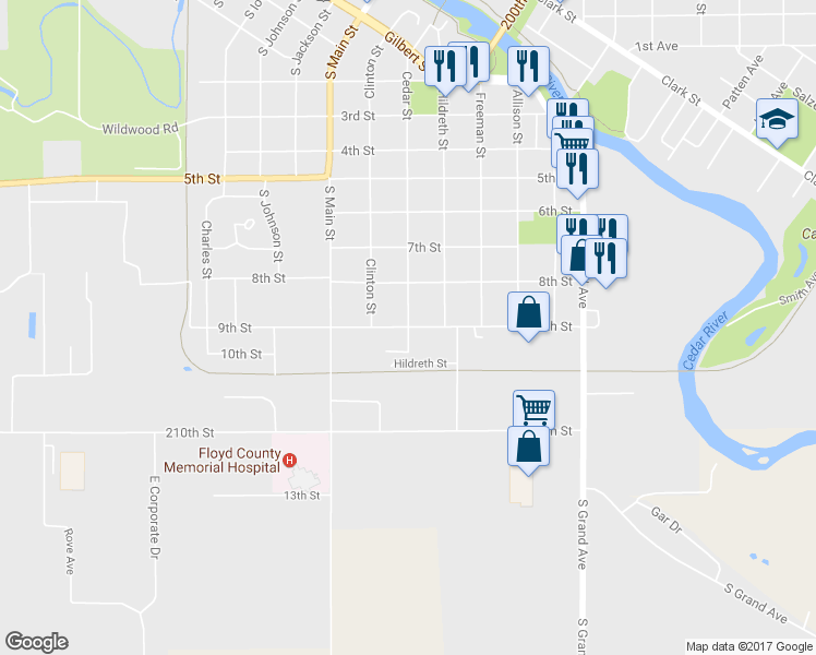 map of restaurants, bars, coffee shops, grocery stores, and more near 9th Street in Charles City