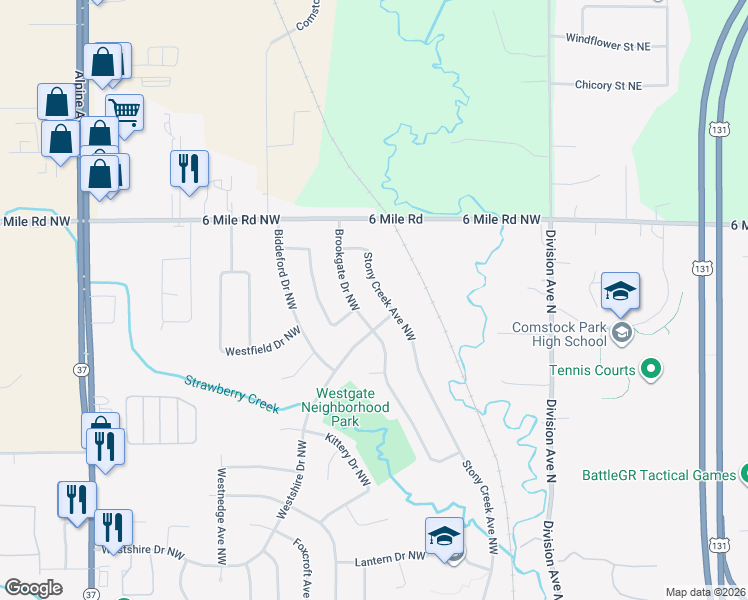map of restaurants, bars, coffee shops, grocery stores, and more near 5094 Stony Creek Avenue Northwest in Comstock Park