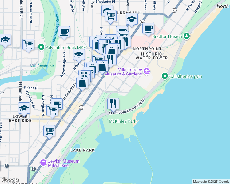 map of restaurants, bars, coffee shops, grocery stores, and more near 2042 East Windsor Place in Milwaukee