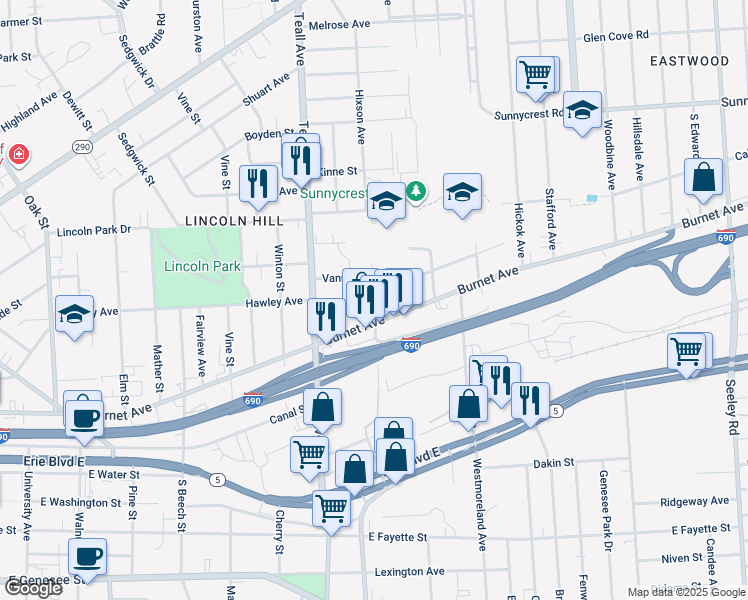 map of restaurants, bars, coffee shops, grocery stores, and more near Hawley Avenue & Greenway Avenue in Syracuse