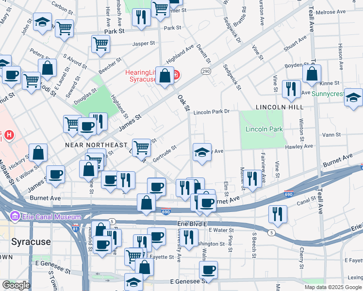 map of restaurants, bars, coffee shops, grocery stores, and more near 367 Gertrude Street in Syracuse