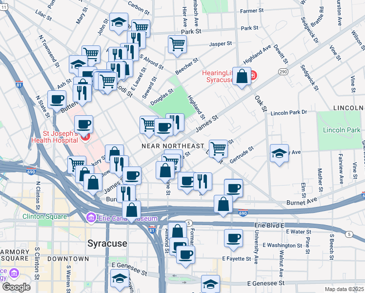 map of restaurants, bars, coffee shops, grocery stores, and more near 753 New York 290 in Syracuse