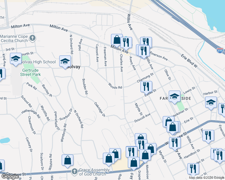 map of restaurants, bars, coffee shops, grocery stores, and more near 240 Caroline Avenue in Syracuse