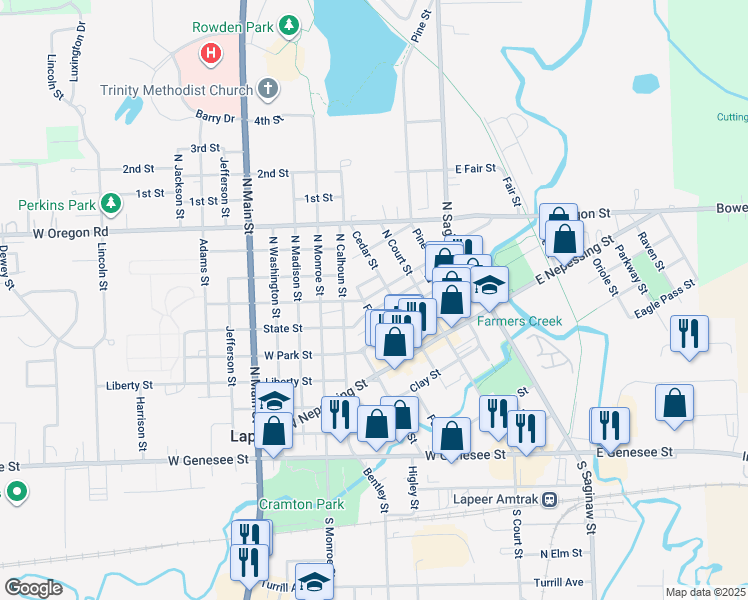 map of restaurants, bars, coffee shops, grocery stores, and more near 244 Law Street in Lapeer
