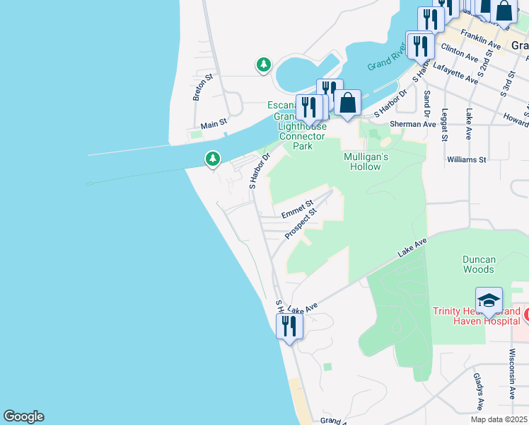 map of restaurants, bars, coffee shops, grocery stores, and more near 914 South Harbor Drive in Grand Haven