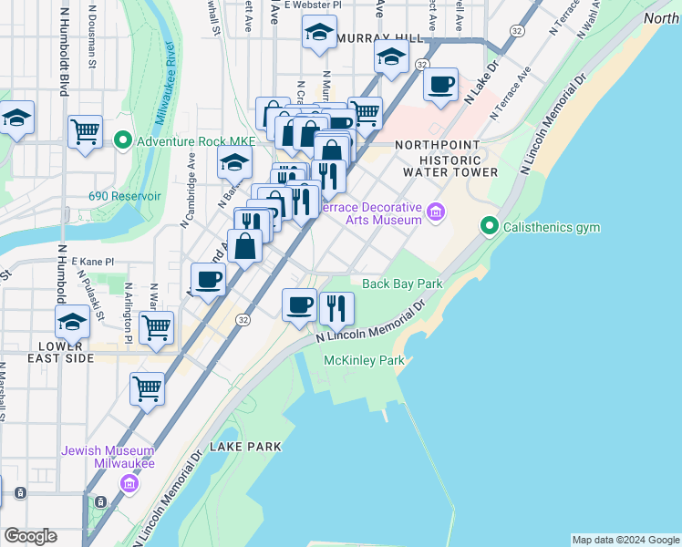 map of restaurants, bars, coffee shops, grocery stores, and more near 2042 East Windsor Place in Milwaukee