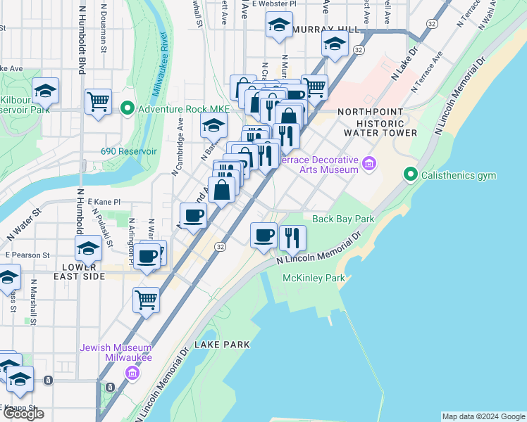 map of restaurants, bars, coffee shops, grocery stores, and more near 1920R East Lafayette Place in Milwaukee