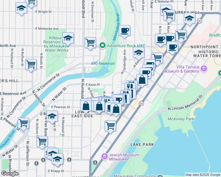 map of restaurants, bars, coffee shops, grocery stores, and more near 1327 East Kane Place in Milwaukee
