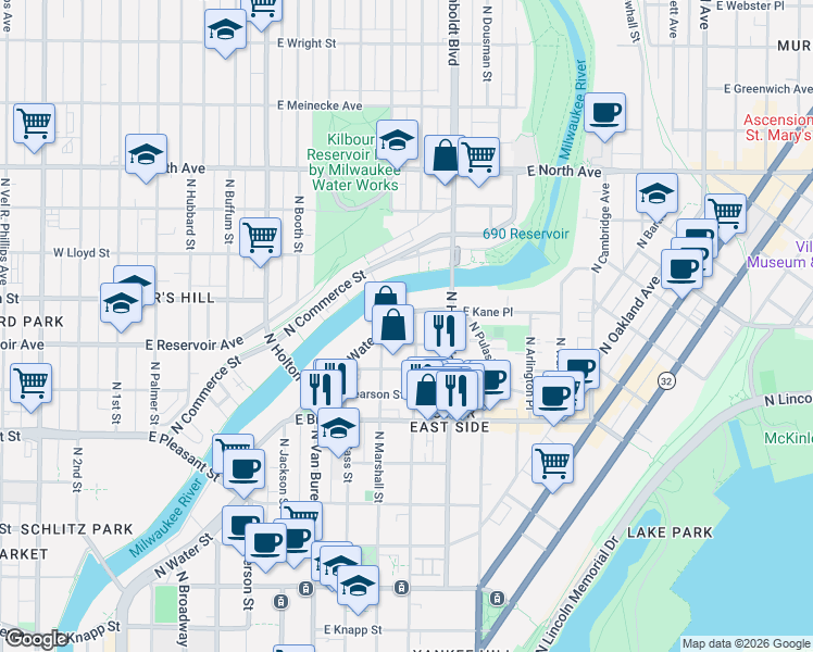 map of restaurants, bars, coffee shops, grocery stores, and more near 1888 North Water Street in Milwaukee