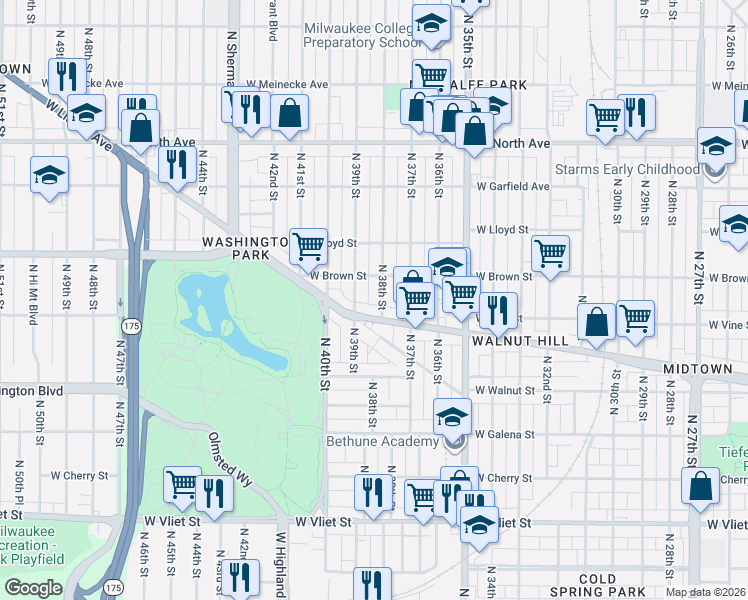 map of restaurants, bars, coffee shops, grocery stores, and more near 1941-1943 North 38th Street in Milwaukee