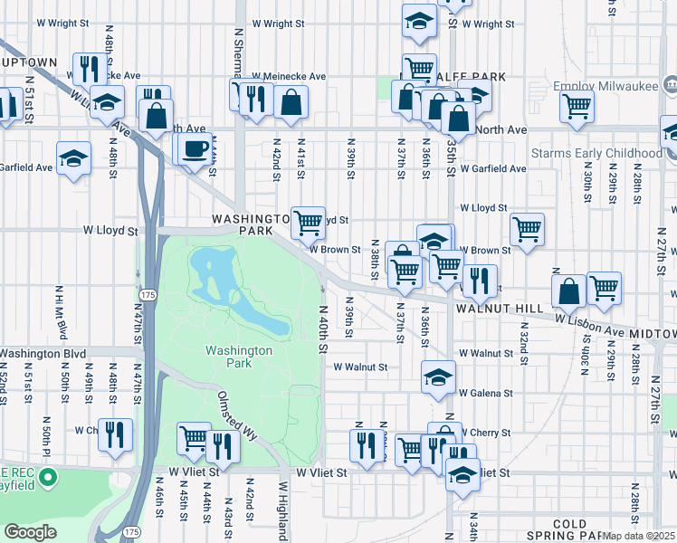 map of restaurants, bars, coffee shops, grocery stores, and more near 1948 North 40th Street in Milwaukee