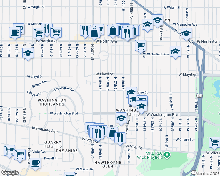 map of restaurants, bars, coffee shops, grocery stores, and more near 1927 North 58th Street in Milwaukee