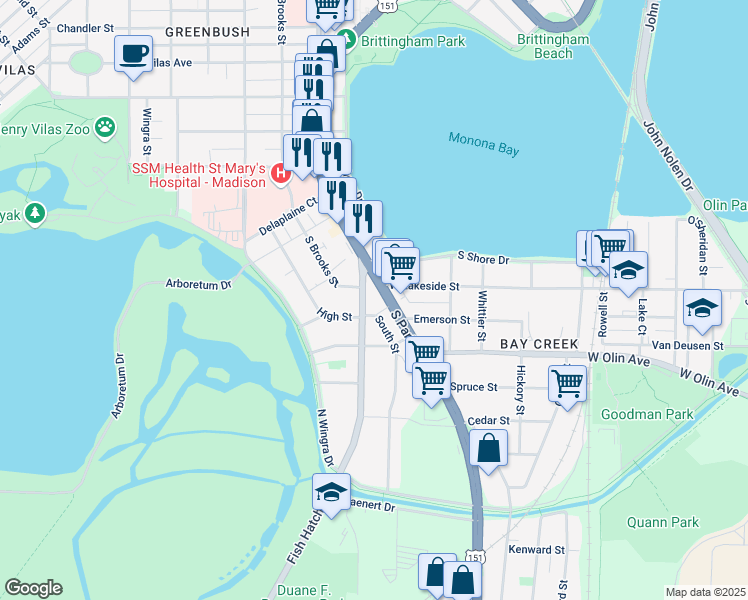 map of restaurants, bars, coffee shops, grocery stores, and more near 1008 South Park Street in Madison