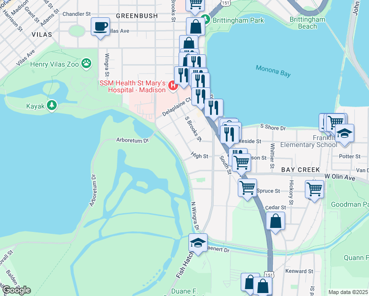 map of restaurants, bars, coffee shops, grocery stores, and more near 930 High Street in Madison