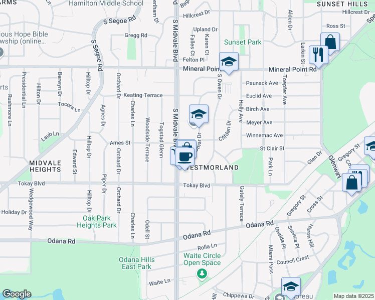 map of restaurants, bars, coffee shops, grocery stores, and more near 505 South Midvale Boulevard in Madison