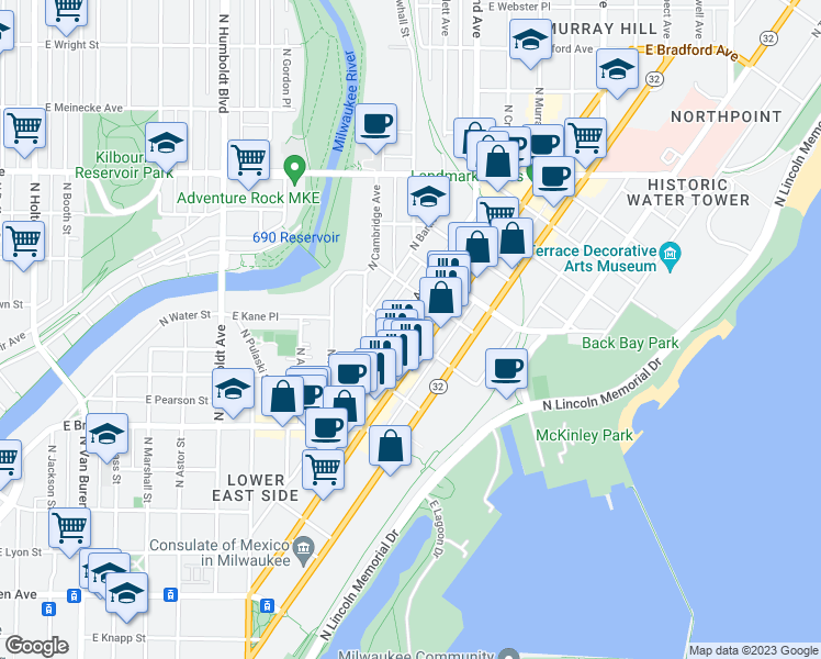 map of restaurants, bars, coffee shops, grocery stores, and more near 1614 East Kane Place in Milwaukee