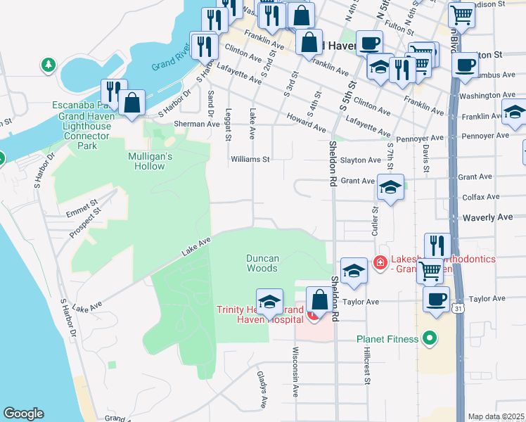 map of restaurants, bars, coffee shops, grocery stores, and more near 824 Lake Avenue in Grand Haven