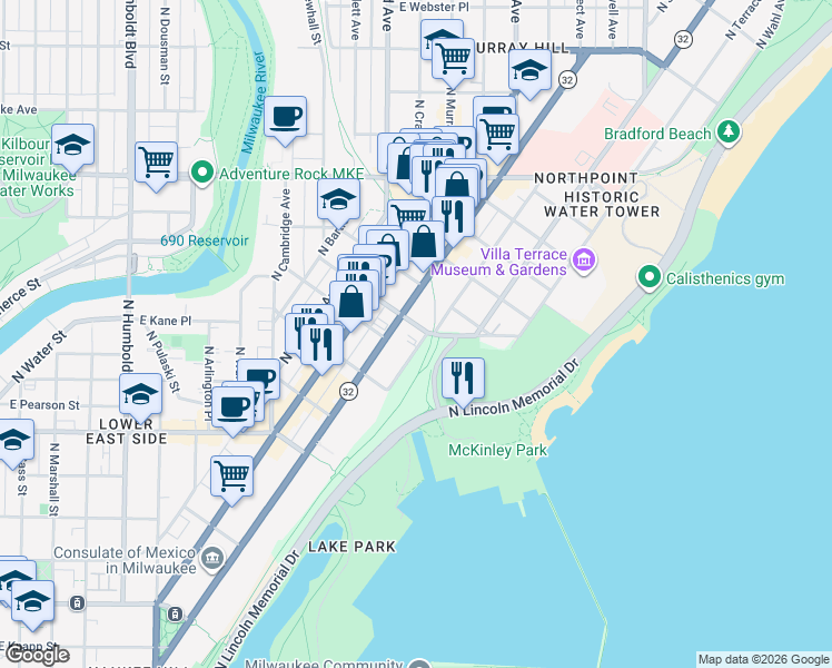 map of restaurants, bars, coffee shops, grocery stores, and more near 1920R East Lafayette Place in Milwaukee