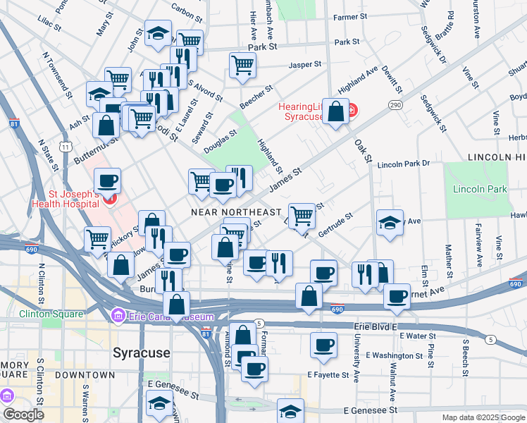 map of restaurants, bars, coffee shops, grocery stores, and more near in Syracuse
