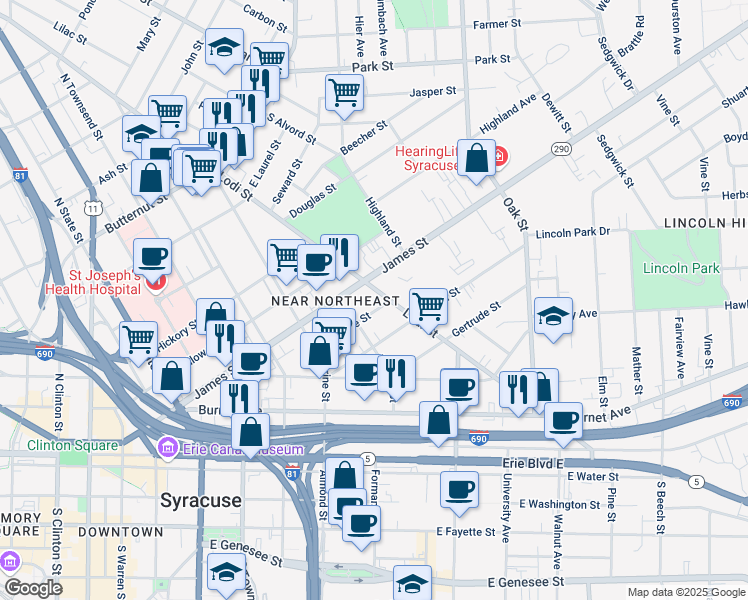 map of restaurants, bars, coffee shops, grocery stores, and more near 769-799 Lodi Street in Syracuse