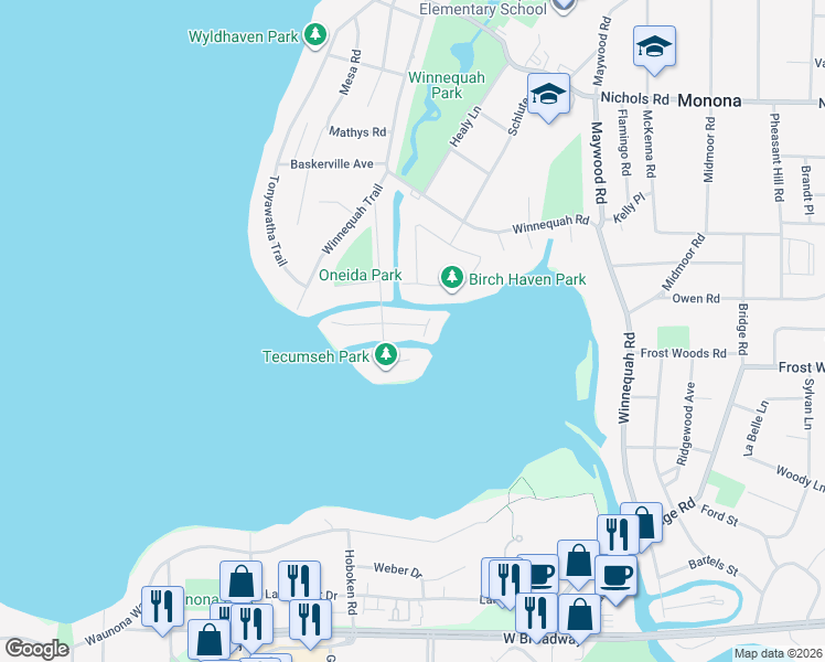 map of restaurants, bars, coffee shops, grocery stores, and more near 1101 Nishishin Trail Northeast in Monona