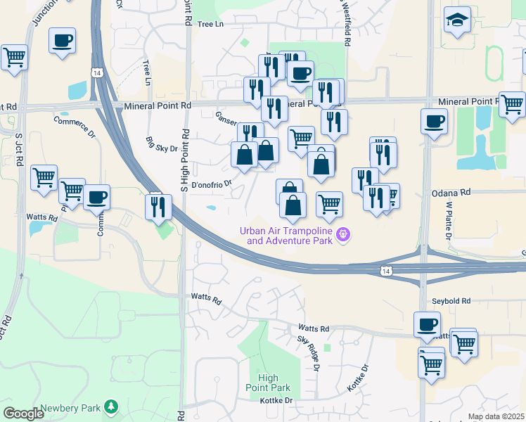 map of restaurants, bars, coffee shops, grocery stores, and more near 555 Zor Shrine Place in Madison