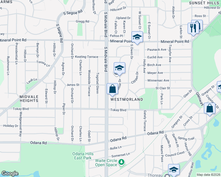 map of restaurants, bars, coffee shops, grocery stores, and more near 501 South Midvale Boulevard in Madison