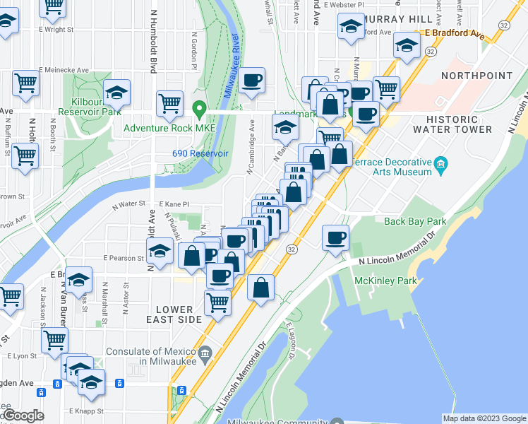 map of restaurants, bars, coffee shops, grocery stores, and more near N Oakland Ave & E Kane Pl in Milwaukee