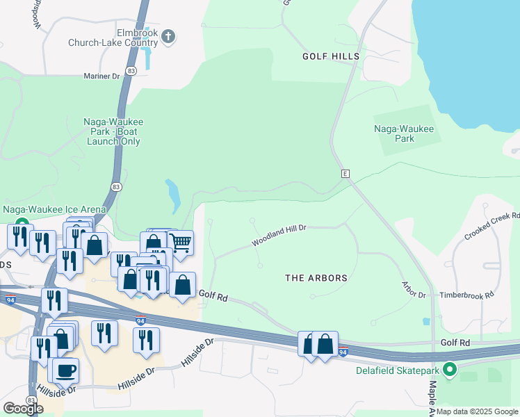 map of restaurants, bars, coffee shops, grocery stores, and more near W308N1844 Westlake Circle in Delafield