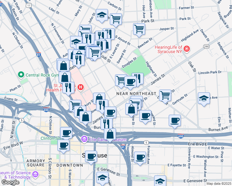 map of restaurants, bars, coffee shops, grocery stores, and more near 725 East Willow Street in Syracuse