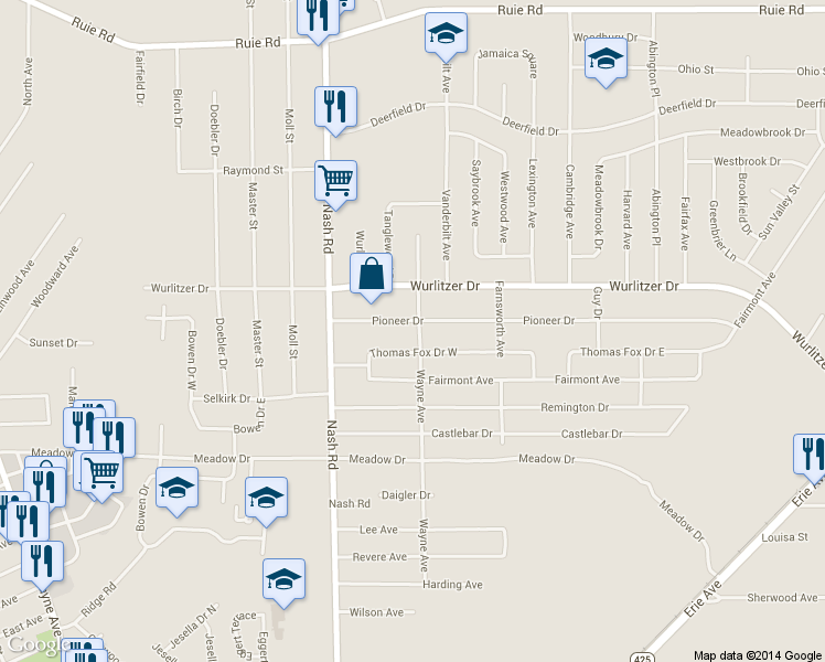 map of restaurants, bars, coffee shops, grocery stores, and more near 801 Pioneer Drive in North Tonawanda
