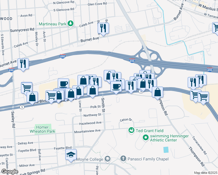 map of restaurants, bars, coffee shops, grocery stores, and more near 2901 Erie Blvd E in Syracuse