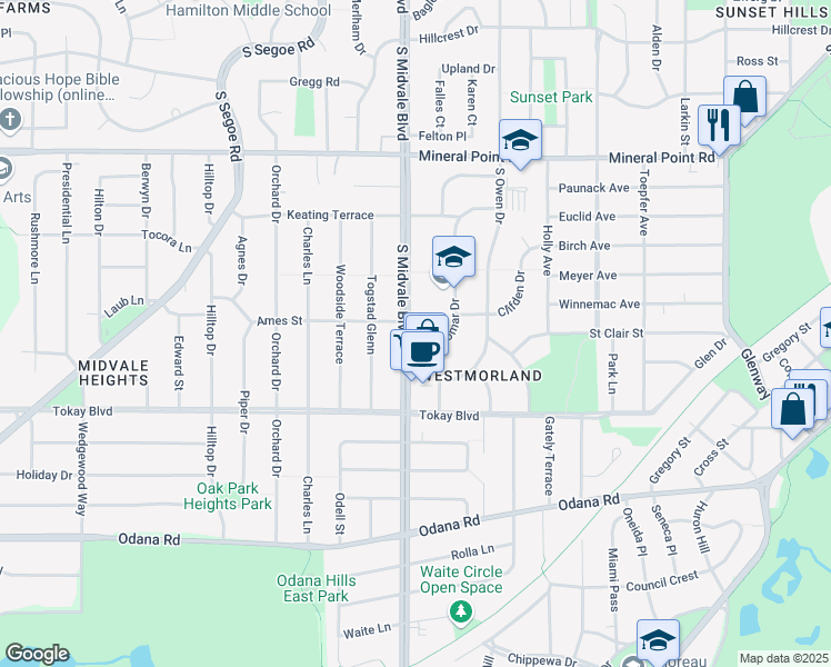 map of restaurants, bars, coffee shops, grocery stores, and more near 505 South Midvale Boulevard in Madison