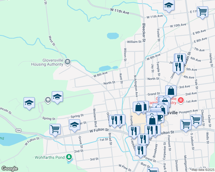 map of restaurants, bars, coffee shops, grocery stores, and more near 149 North Street in Gloversville