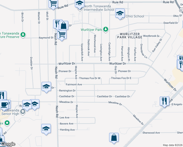 map of restaurants, bars, coffee shops, grocery stores, and more near 881 Pioneer Dr in North Tonawanda