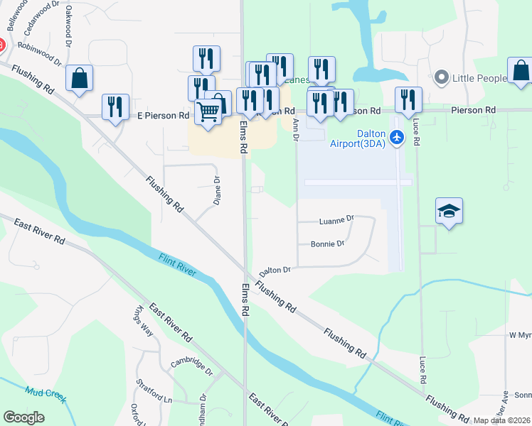 map of restaurants, bars, coffee shops, grocery stores, and more near 3378 Elms Road in Flushing