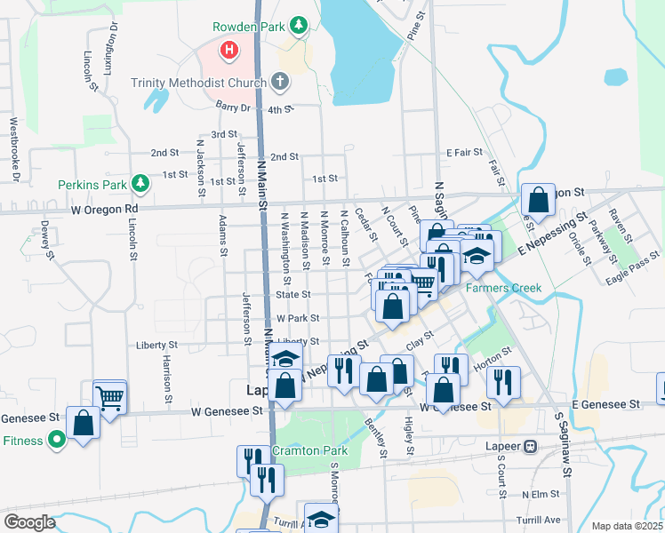 map of restaurants, bars, coffee shops, grocery stores, and more near 632 Michigan Street in Lapeer