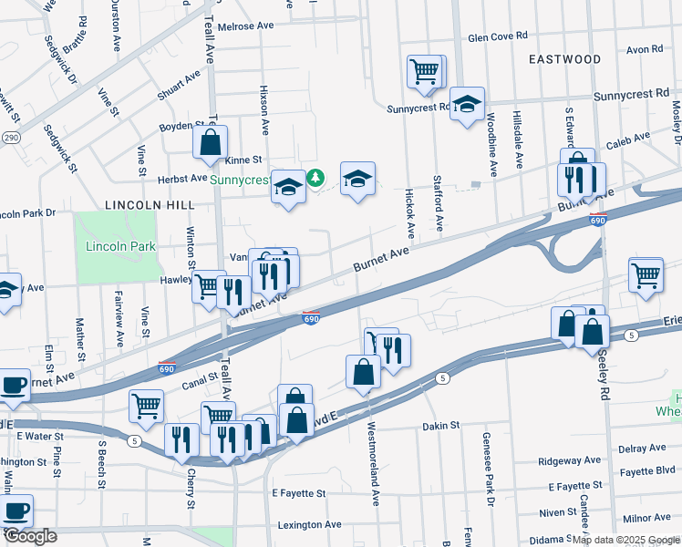 map of restaurants, bars, coffee shops, grocery stores, and more near in Syracuse