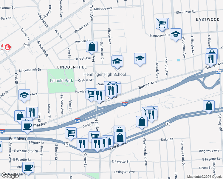 map of restaurants, bars, coffee shops, grocery stores, and more near 318 Greenway Avenue in Syracuse